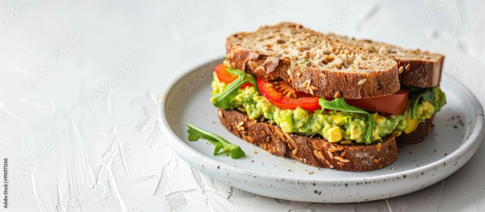A sandwich with guacamole and heirloom tomato on wheat bread displayed on a white plate against a white background with copy space image A sandwich with guacamole and heirloom tomato on wheat bread displayed on a white plate against a white background with copy space image