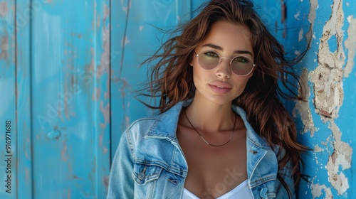 Stylish brunette woman wearing sunglasses and denim jacket posing against a blue rustic background