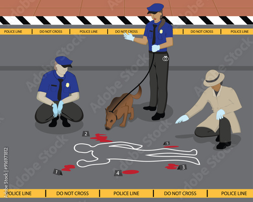 vector illustration design of three investigators, two of whom are male and female police officers and a detective wearing brown clothes investigating the area where a crime occurred with a sniffer do