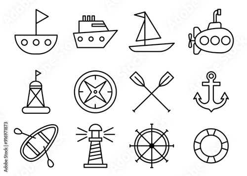 Marine port icons set. Outline set of marine port vector icons for web design isolated on white background. Nautical, marine line icons set