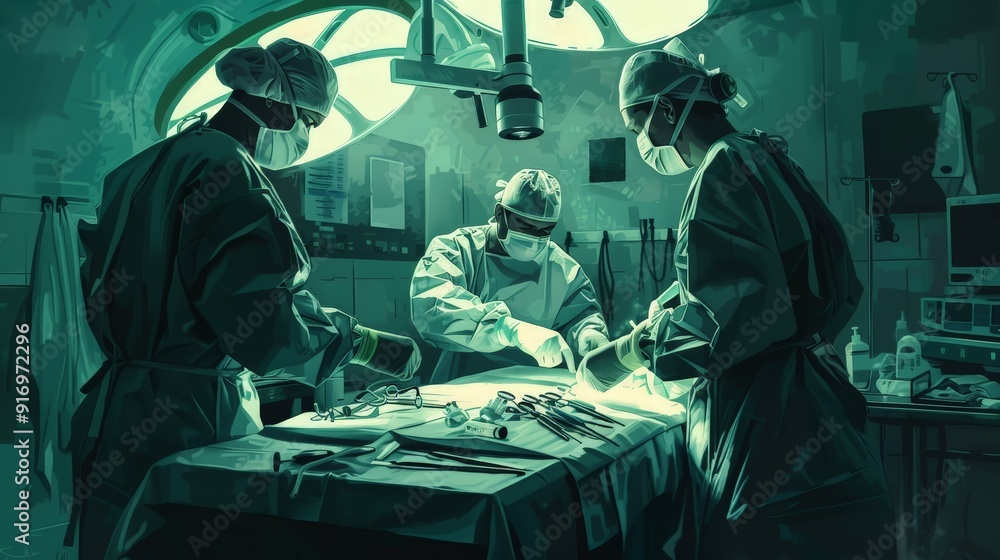 Design an image of a doctor performing a surgical procedure in an operating room. Design an image of a doctor performing a surgical procedure in an operating room.