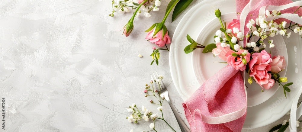Floral arrangement with white and pink napkins creating a backdrop with copy space image Floral arrangement with white and pink napkins creating a backdrop with copy space image