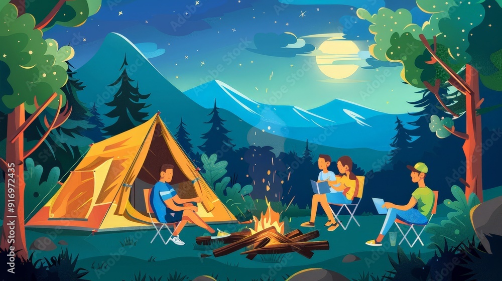 Design an image of a family enjoying a camping trip. Show the family setting up a tent, sitting around a campfire, and sharing stories under the stars, capturing the essence of outdoor adventure. Design an image of a family enjoying a camping trip. Show the family setting up a tent, sitting around a campfire, and sharing stories under the stars, capturing the essence of outdoor adventure.