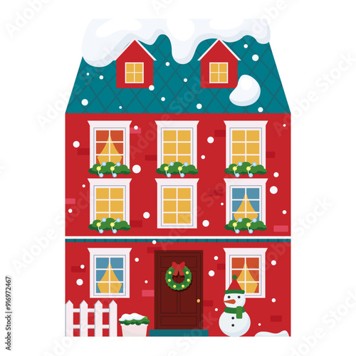 Winter Christmas european house vector flat illustration