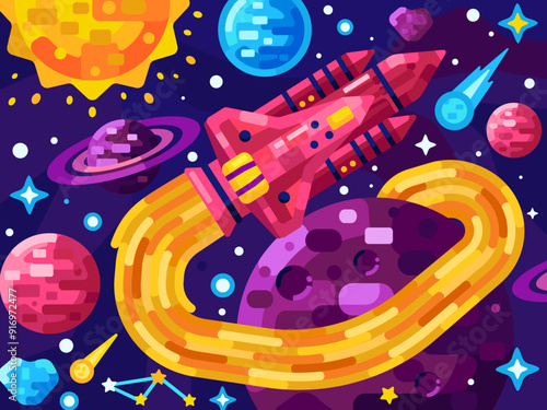 Spaceship in galaxy vector illustration. Space exploration and research, vector banner with shuttle spaceship flying in cosmos among stars and planets
