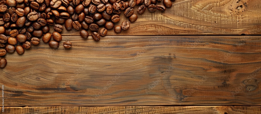 A wooden background with coffee beans displayed and space for text or images. Creative banner. Copyspace image A wooden background with coffee beans displayed and space for text or images. Creative banner. Copyspace image