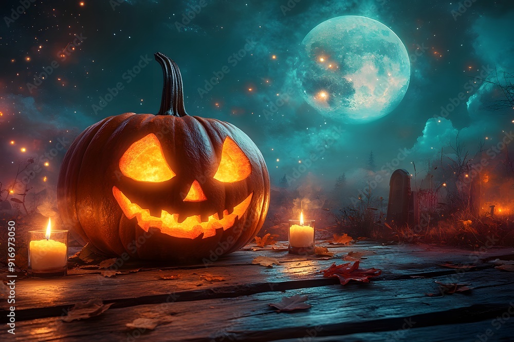 Fototapeta premium Halloween Night: Mystical Pumpkin Under the Full Moon AI generated