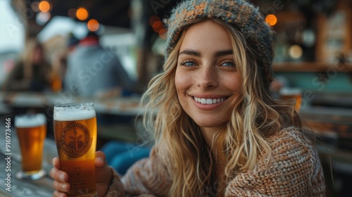 Smiling woman enjoying a beer at a cozy beachside bar with friends