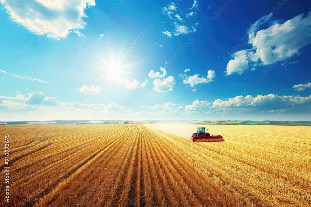 Obraz premium A vibrant red tractor plowing a golden wheat field under a clear blue sky