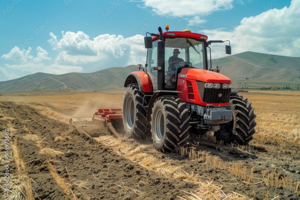 A vibrant red tractor working tirelessly in a sprawling golden wheat field under a clear blue sky A vibrant red tractor working tirelessly in a sprawling golden wheat field under a clear blue sky