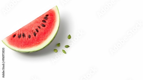 Realistic illustration style of a juicy watermelon slice with visible seeds against a white background, stunning, amazing, studio style