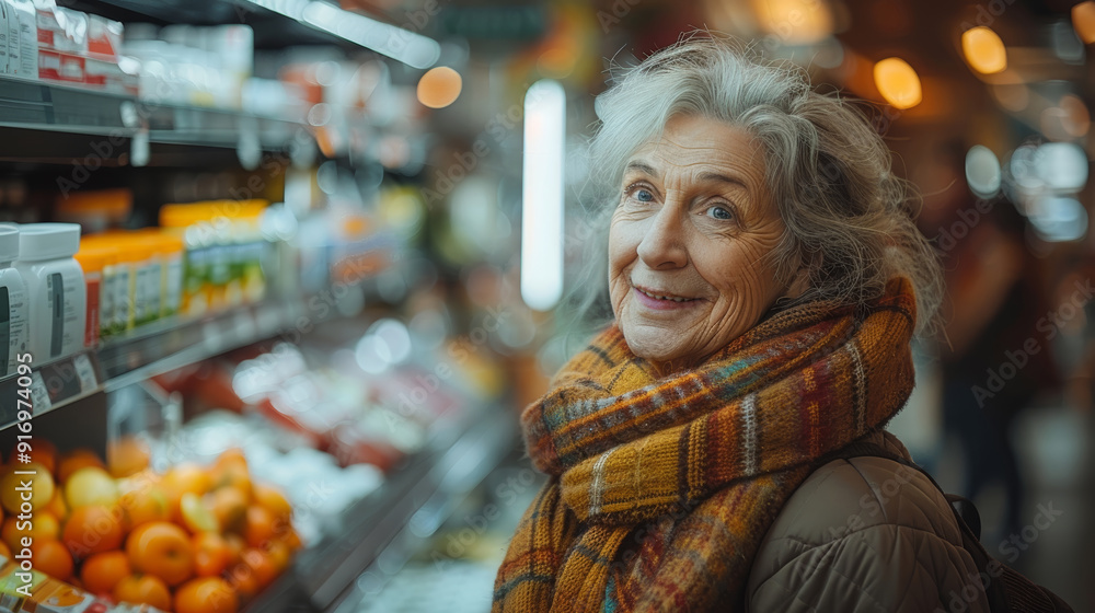 Happy senior woman shopping for medications and groceries at a store Happy senior woman shopping for medications and groceries at a store