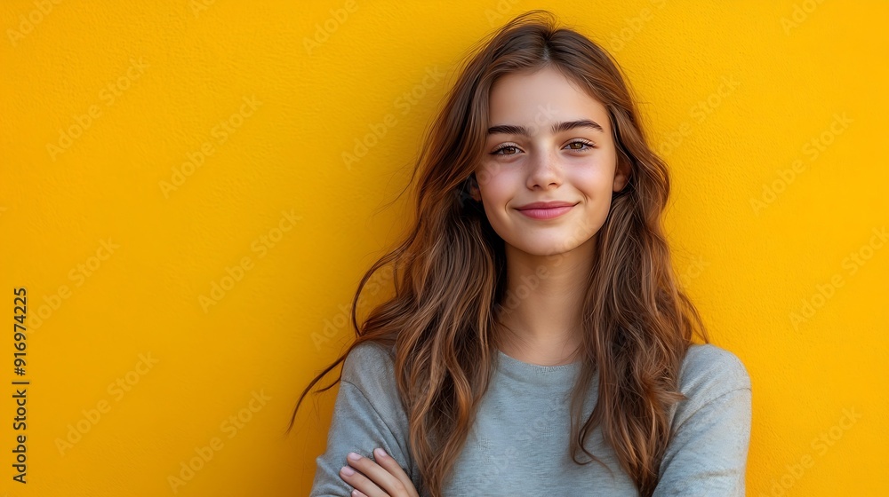 Happy teenager positive and smiling emotions of teen girl Portrait of caucasian teen girl with arms folded isolated on yellow background Cute teenager child : Generative AI Happy teenager positive and smiling emotions of teen girl Portrait of caucasian teen girl with arms folded isolated on yellow background Cute teenager child : Generative AI