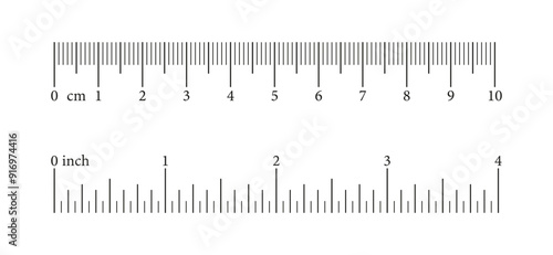Measuring chart with 10 centimeters, 4 inches. Ruler scale with numbers. Length measurement math, distance, height template. Sewing tool. Metric, imperial units. 