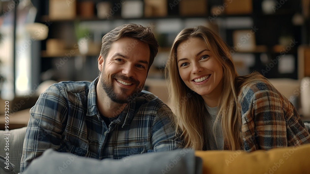 Cheerful man and woman couple deciding to buy craft furniture for home : Generative AI Cheerful man and woman couple deciding to buy craft furniture for home : Generative AI