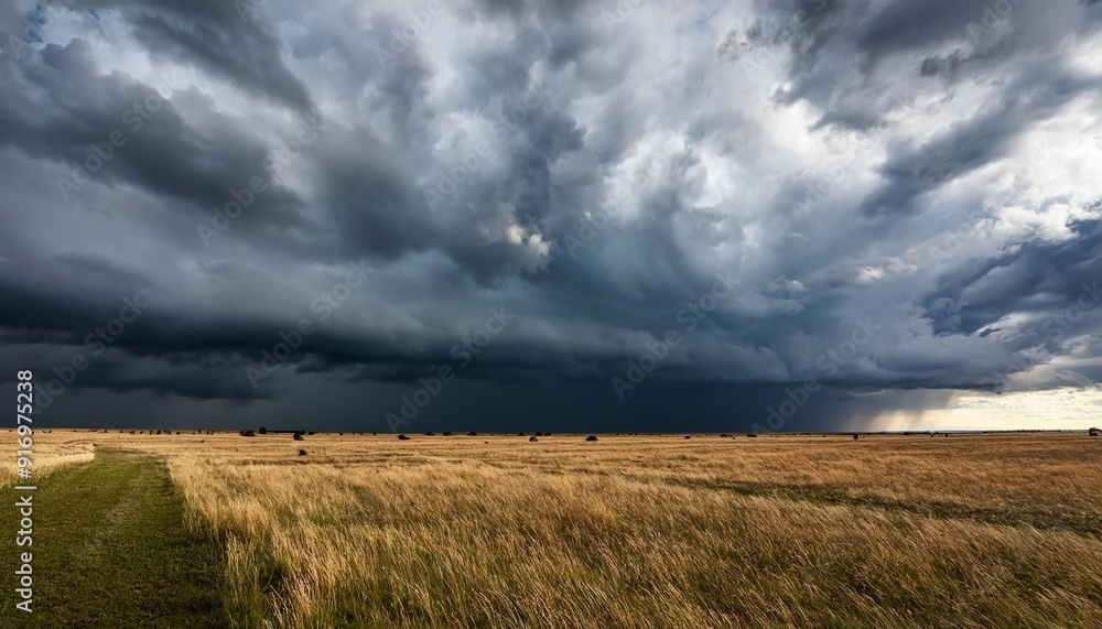 Dramatic storm clouds over an open field-_A vast, open field under a sky filled with dark Dramatic storm clouds over an open field-_A vast, open field under a sky filled with dark