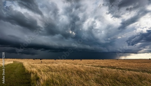 Dramatic storm clouds over an open field-_A vast, open field under a sky filled with dark