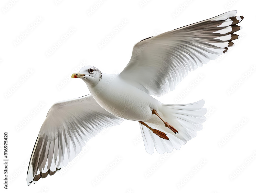 Fototapeta premium Close-up of a seagull in flight with outstretched wings isolated on white background.