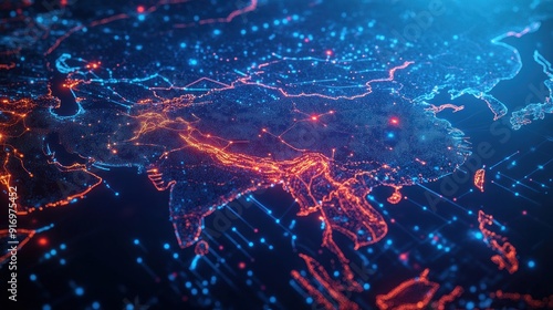 Digital Map of East Asia Illuminated with Red and Blue Lights photo