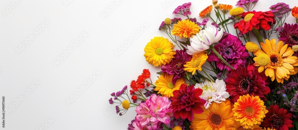 Vivid flowers in a stunning bouquet against a white background with copy space image Vivid flowers in a stunning bouquet against a white background with copy space image