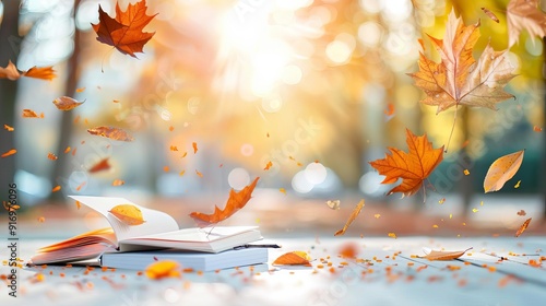 A lively fall study group with students ready to take notes, notebooks open and autumn leaves scattered around