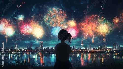 Young Anime Girl Enchanted by Nighttime Firework Display