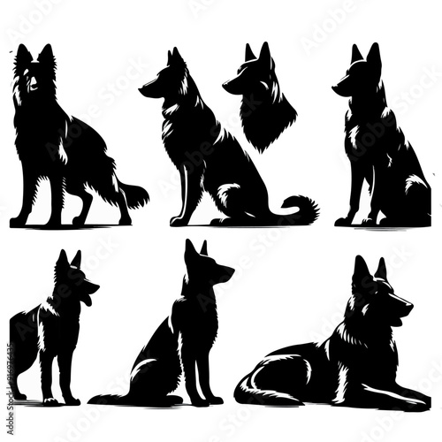 German shepherd dog silhouette. set silhouette.