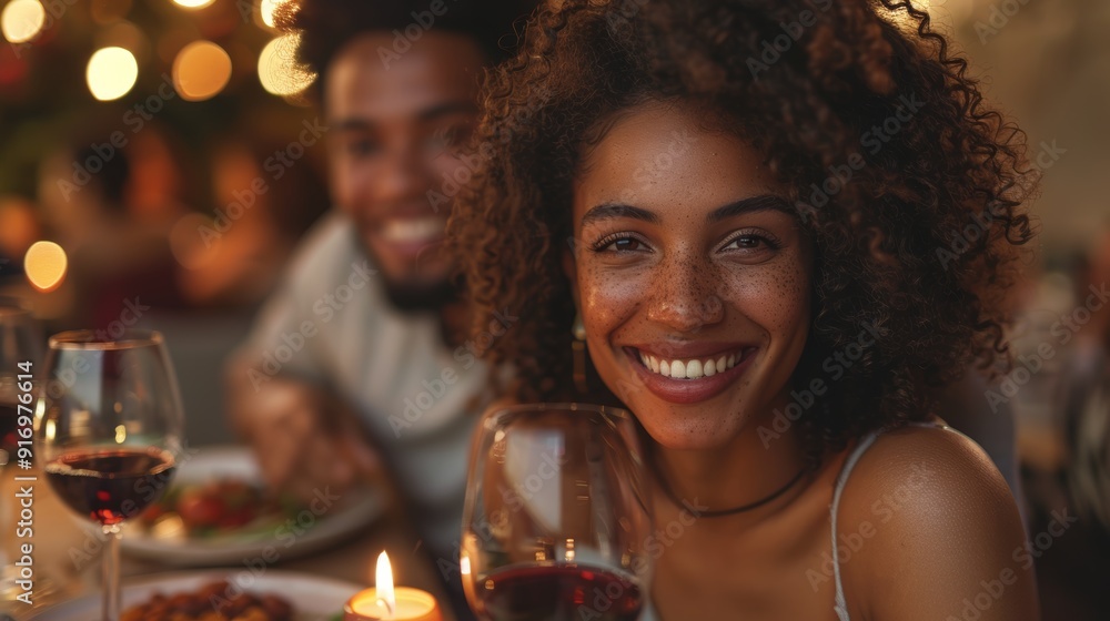 Portrait of a cheerful and happy African American couple enjoying a romantic dinner with wine and candlelight Portrait of a cheerful and happy African American couple enjoying a romantic dinner with wine and candlelight