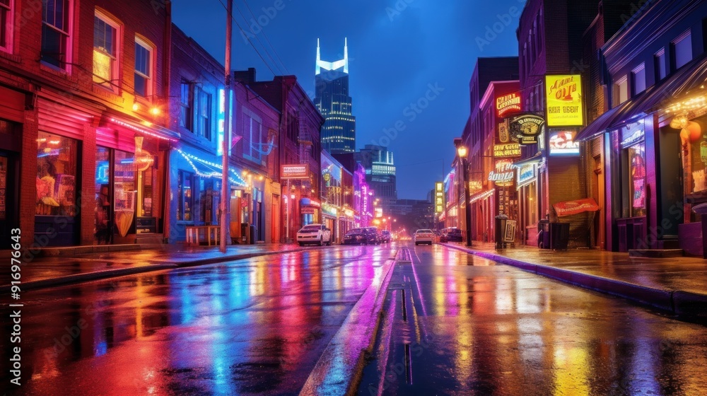 Obraz premium Neon Lights Reflecting on Wet Pavement in Nashville