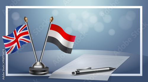 United Kingdom and Yemen Small national flag on bokeh background, cooperative relationship