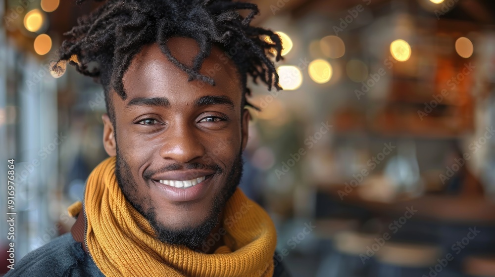 Portrait of a young African American man in a cozy cafe setting Portrait of a young African American man in a cozy cafe setting