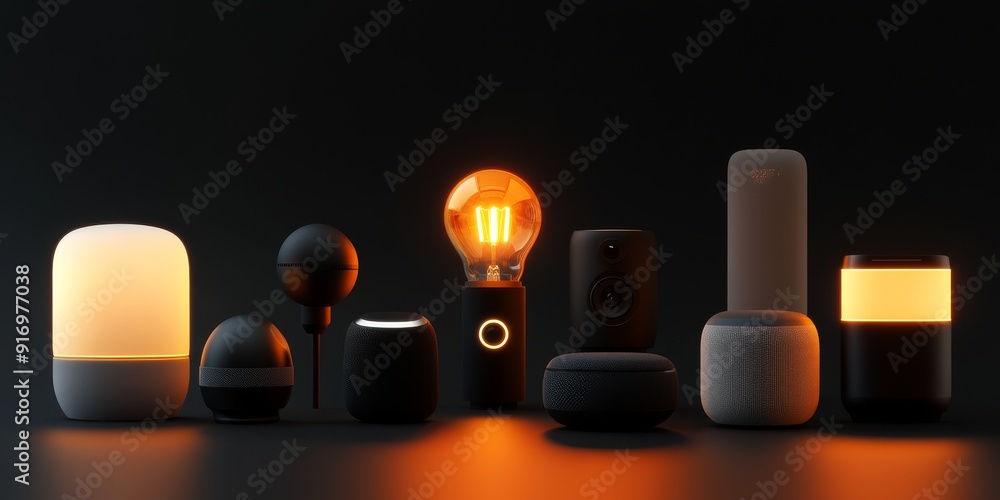 Futuristic collection of sleek smart home devices with warm ambient lighting, representing advanced technology and minimalistic aesthetics in a modern setup. Futuristic collection of sleek smart home devices with warm ambient lighting, representing advanced technology and minimalistic aesthetics in a modern setup.