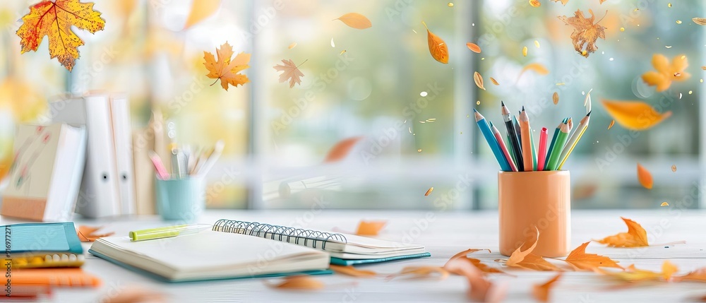 A vibrant classroom in fall with students ready to take notes, colorful notebooks and autumn leaves enhancing the atmosphere A vibrant classroom in fall with students ready to take notes, colorful notebooks and autumn leaves enhancing the atmosphere