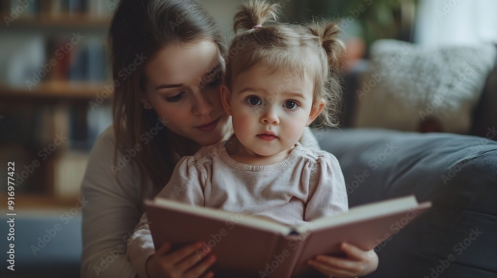 Family with little daughter reading book on sofa in living room : Generative AI Family with little daughter reading book on sofa in living room : Generative AI