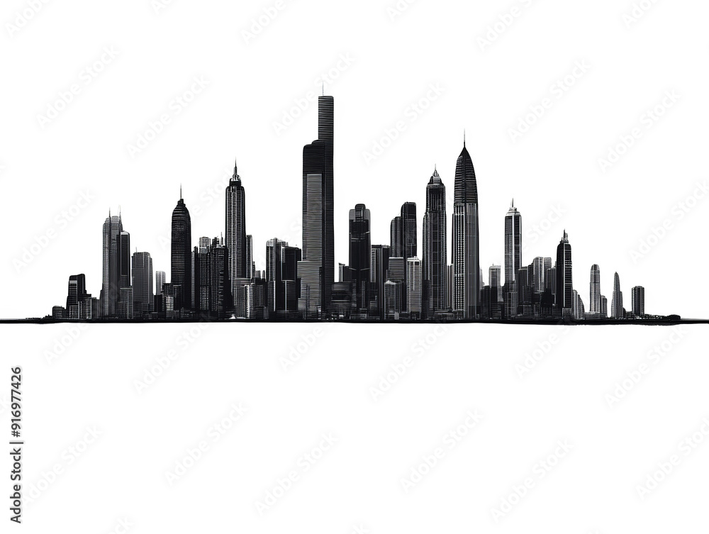 Fototapeta premium Silhouette of a modern city skyline showcasing skyscrapers and urban development against a clear horizon.