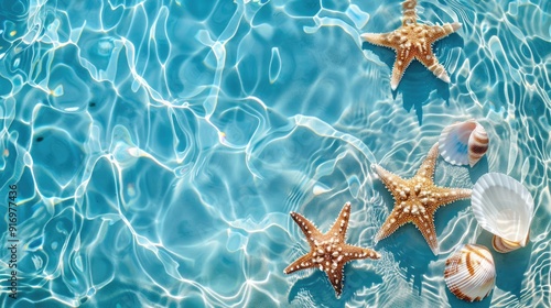 Blue Water Surface: Pool Texture with Starfish and Shell - Spa Concept, Flat Lay, Top View, Copy Space