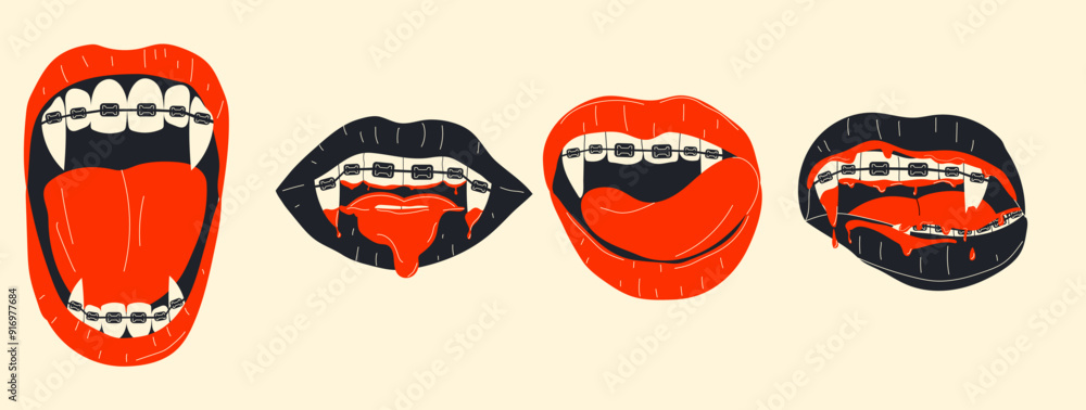 Vampire mouth with braces and fangs: closed and open female red lips with long, pointed canine teeth Vampire mouth with braces and fangs: closed and open female red lips with long, pointed canine teeth
