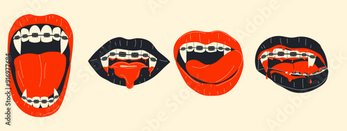Vampire mouth with braces and fangs: closed and open female red lips with long, pointed canine teeth