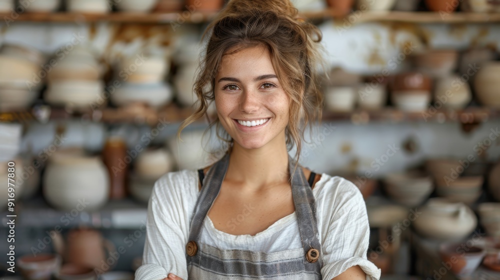 Portrait of cheerful female potter entrepreneur smiling in her pottery studio Portrait of cheerful female potter entrepreneur smiling in her pottery studio