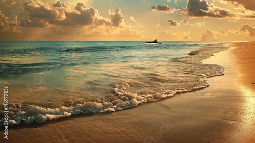A serene beach scene at sunset with gentle waves and a dolphin leaping in the distance.