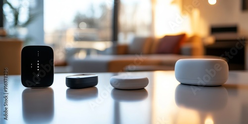 Array of Sleek Smart Home Gadgets in a Modern Living Space with Subtle Lighting