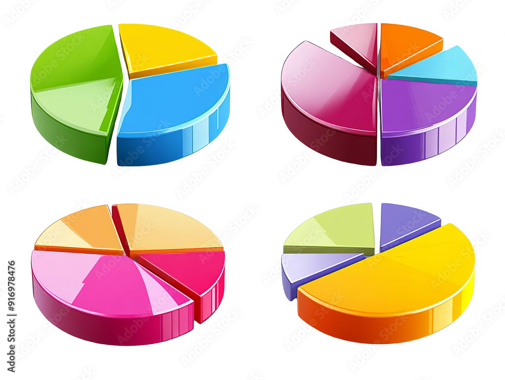 Obraz premium Colorful 3D pie charts in various segments, perfect for data representation, business analytics, and financial reports visualization.