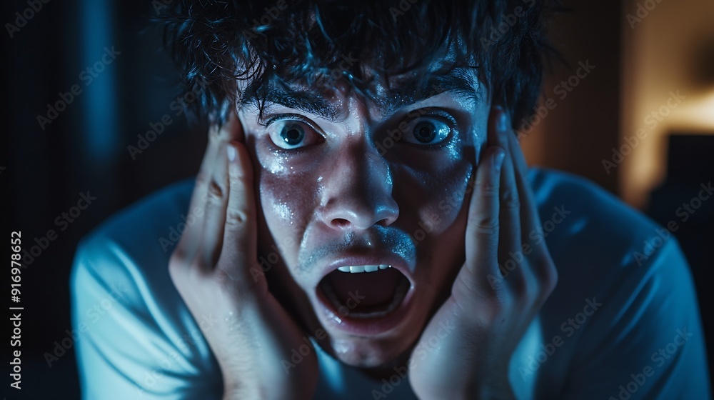 young handsome man feeling terrified backing off and screaming in horror and panic reacting to a nightmare : Generative AI young handsome man feeling terrified backing off and screaming in horror and panic reacting to a nightmare : Generative AI
