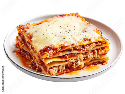 Delicious homemade lasagna with layers of pasta, meat sauce, and melted cheese, perfect for an Italian dinner. Isolated on white background.