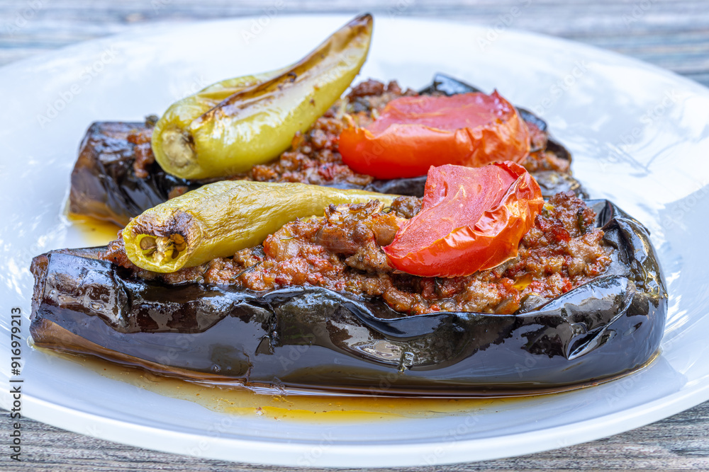 Traditional delicious Turkish food; Meat and Eggplant dish, (Turkish name; Karniyarik)