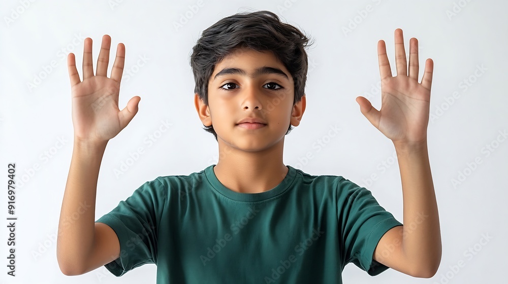 Indian teen boy throwing up hands isolated on white background Halflength portrait of smart teen boy in a green tshirt throwing up hands looking at camera isolated on white background : Generative AI Indian teen boy throwing up hands isolated on white background Halflength portrait of smart teen boy in a green tshirt throwing up hands looking at camera isolated on white background : Generative AI