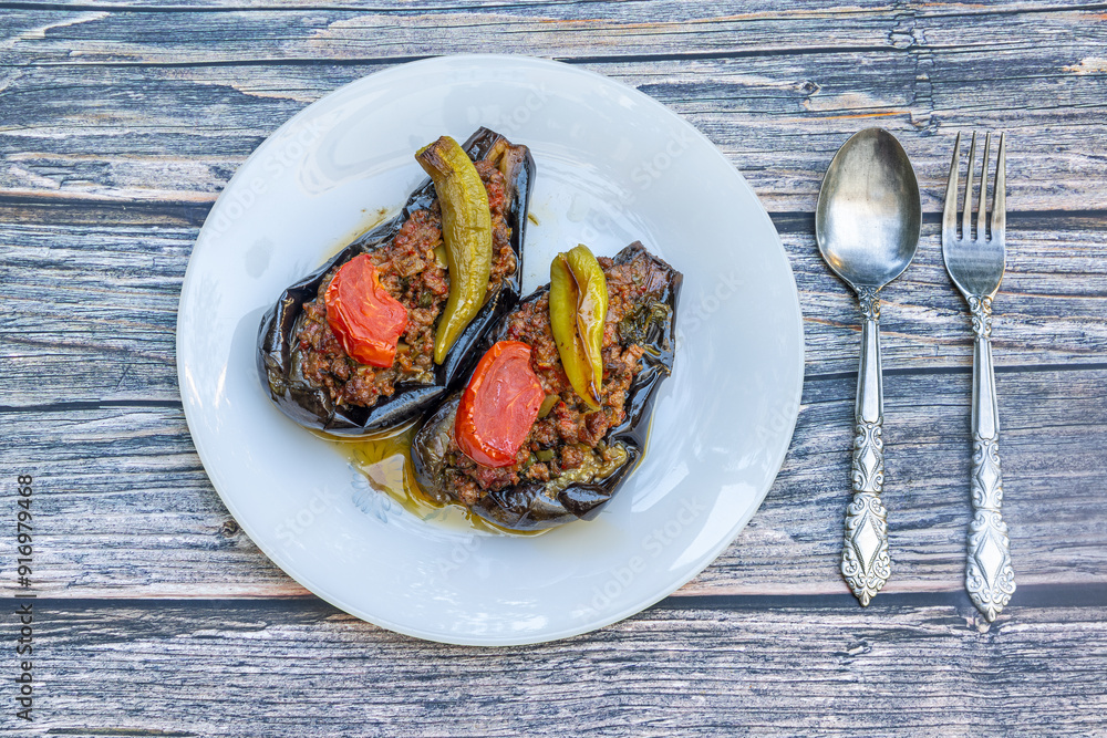 Traditional delicious Turkish food; Meat and Eggplant dish, (Turkish name; Karniyarik)