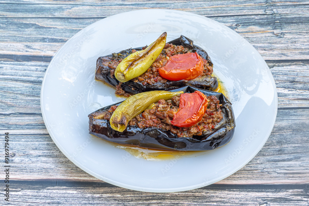 Traditional delicious Turkish food; Meat and Eggplant dish, (Turkish name; Karniyarik)
