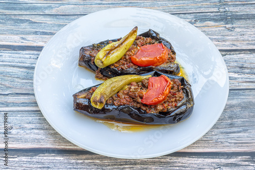 Obraz na płótnie Traditional delicious Turkish food; Meat and Eggplant dish, (Turkish name; Karniyarik) w salonie