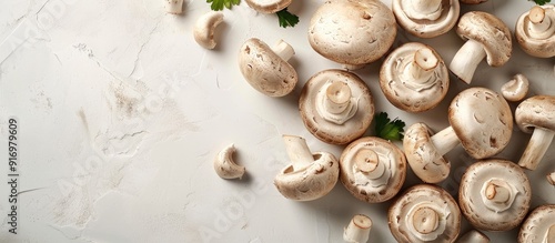 Fresh champignon mushrooms collection on a white background with copy space image